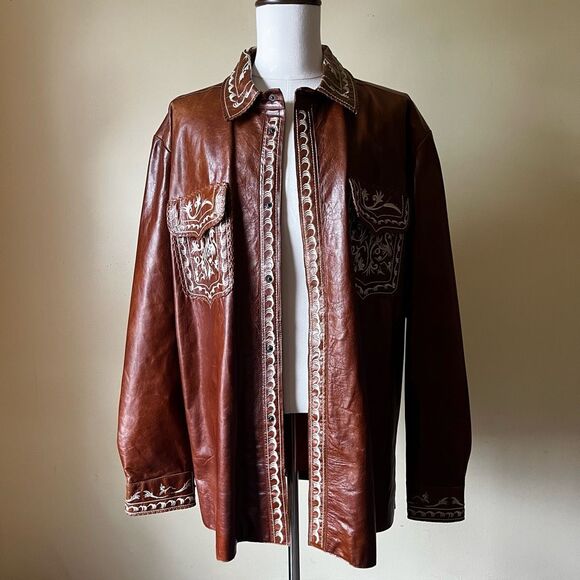 Vintage Ira Hoss Western Leather Jacket XXL Brown Tooled Embroidered Shacket - Picture 2 of 16